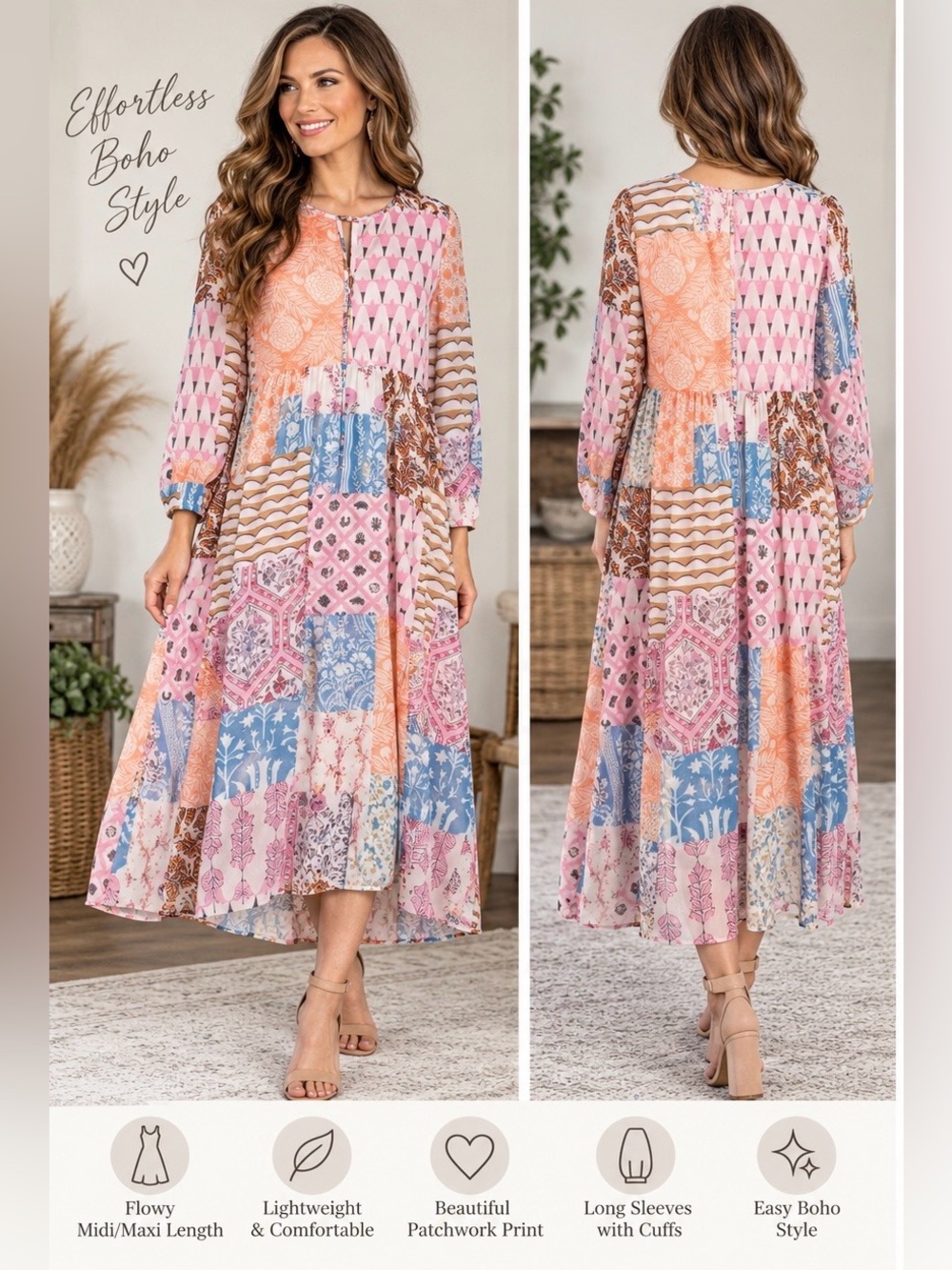 Chartou Boho Patchwork Print Long Sleeve Maxi Dress – Size XL - NWT